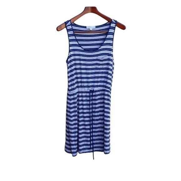 Olive & Oak Casual Nautical Striped Sleeveless Tank Dress Drawstring Waist Sz M - Picture 1 of 8